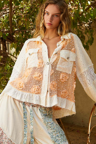 Hot Girl Eyelet Flower Pearl & Lace Patchwork Long Sleeve Shirt In Apricot