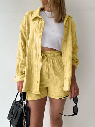 Hot Girl Soft Rayon Textured Button Up Shirt and Drawstring Shorts Two Piece Set