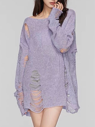 Hot Girl Distressed Boat Neck Knit Cover Up Long Sleeve Top