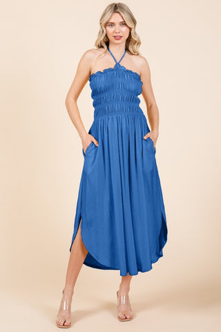 Hot Girl Culture Code Shirring Halter Midi Dress with Pockets In Blue