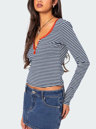 Hot Girl Striped Henley Long Sleeve T-Shirt