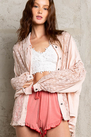 Hot Girl Oversized Floral Lace Boho Button-Down Shirt In Pink