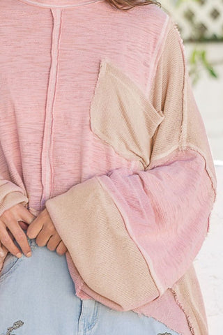 Hot Girl Contrast Stitch Exposed Seam High-Low Long Sleeve Top In Pink