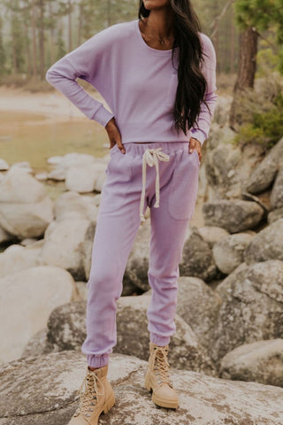 Hot Girl Waffle Knit Long Sleeve Top and Drawstring Pants Lounge Set In Lavender