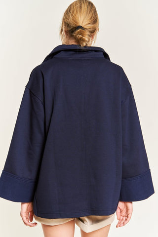 Hot Girl Johnny Collar Oversized Knit Poncho Sweatshirt In Navy