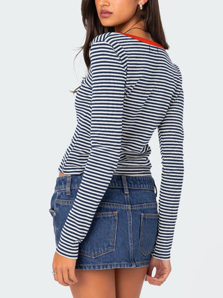 Hot Girl Striped Henley Long Sleeve T-Shirt