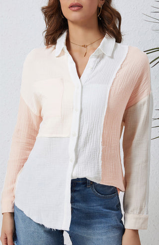 Hot Girl Color Block Button Up Cotton Long Sleeve Shirt In Peach