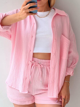 Hot Girl Soft Rayon Textured Button Up Shirt and Drawstring Shorts Two Piece Set