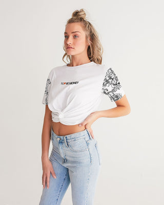 Hot Girl LOVE MONEY Women's All-Over Print Twisted Graphic Short Sleeve Crop Tee