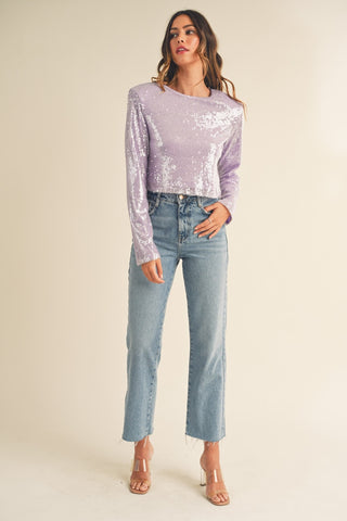 Hot Girl MABLE Shoulder Padded Sequin Long Sleeve Crop Top In Lavender