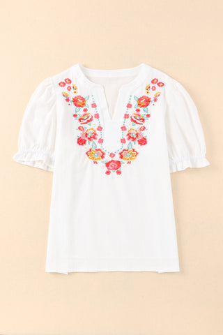 Hot Girl Embroidered Floral Notched Neck Cotton Flounce Sleeve Top In White