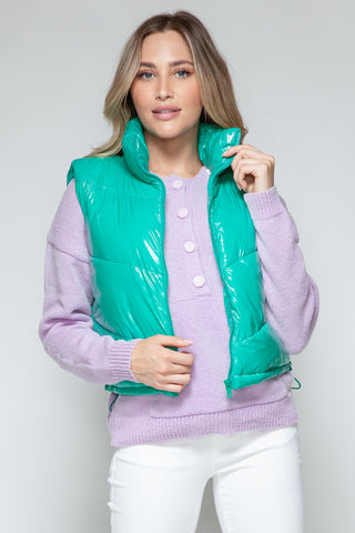 Hot Girl Snobbish Shiny Quilted  Puffer Vest In Turquoise