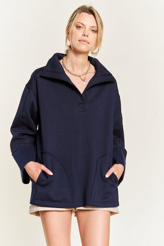 Hot Girl Johnny Collar Oversized Knit Poncho Sweatshirt In Navy