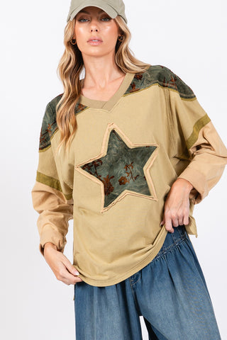 Hot Girl SAGE + FIG All Star Patch Color Block Long Sleeve T-Shirt In Olive