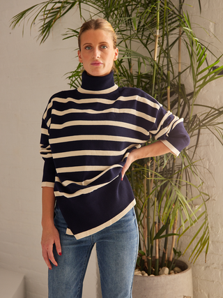 Hot Girl Striped Turtleneck Side Slit Sweater