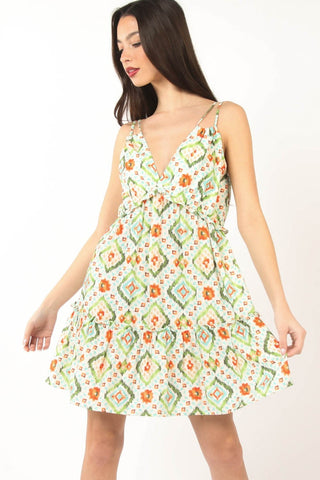 Hot Girl Geometric Floral Green Smocked Ruffled Mini Dress