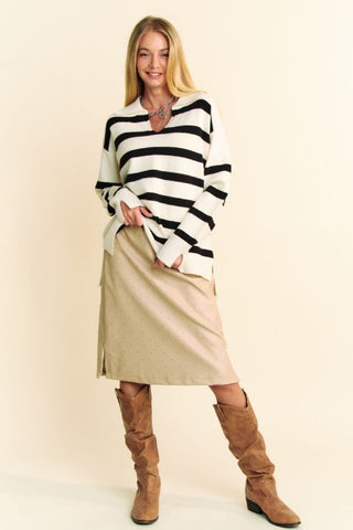 Hot Girl X Davi & Dani High-Low Side Slit Striped Johnny Collar Sweater