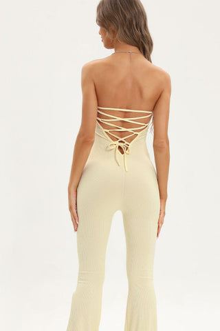 Hot Girl Lace-Up Strapless Jumpsuit In Cream - Hot Girl Apparel