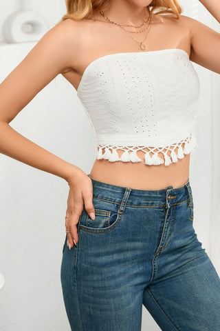 Hot Girl Boho Tassel Eyelet Tube Short Sleeve Top