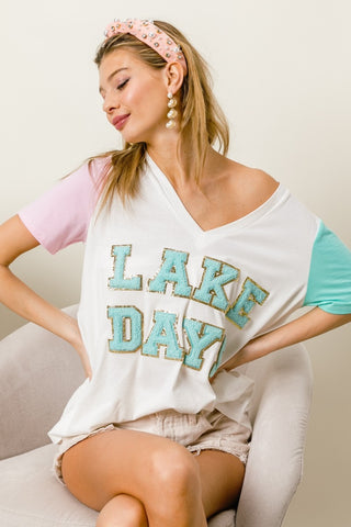 Hot Girl Lake Days Letter Patch V-Neck Color Block Graphic Short Sleeve Tee