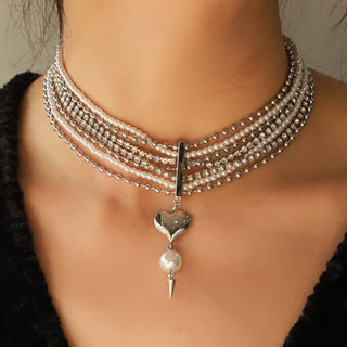 Hot Girl Silver Lining Layered Pearl & Rhinestone Heart Pendant Necklace - Hot Girl Apparel