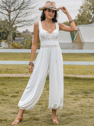 Hot Girl Open Lace Accent Back Wide Leg Boho Jumpsuit In White