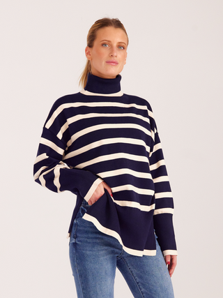 Hot Girl Striped Turtleneck Side Slit Sweater