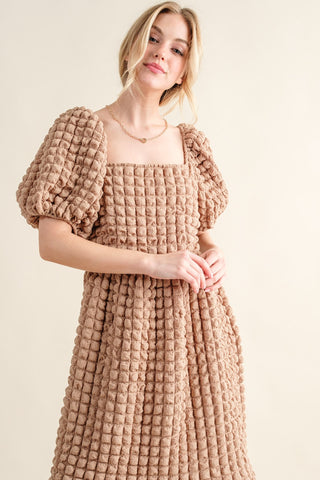 Hot Girl And The Why Bubble Texture Square Neck Puff Sleeve Midi Dress