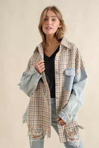 Hot Girl Tweed Mixed Denim Raw Hem Shacket