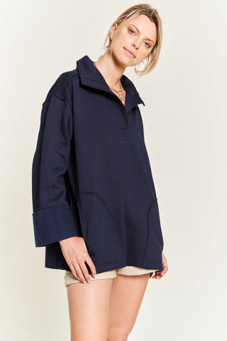 Hot Girl Johnny Collar Oversized Knit Poncho Sweatshirt In Navy