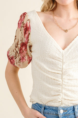 Hot Girl And The Why Vintage Floral  Textured Sleeve Knit Short Sleeve Top