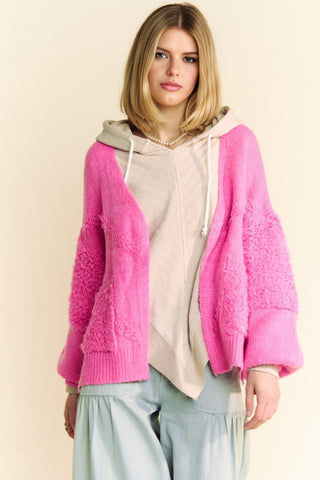 Hot Girl X Davi & Dani Fuzzy Sleeve Open Front Cardigan In Hot Pink