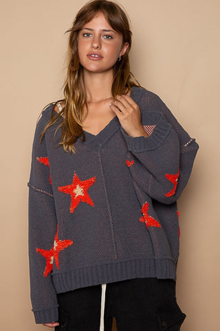 Hot Girl Star Sign Exposed Seam Sweater In Charcoal