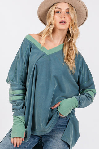 Hot Girl SAGE + FIG Mineral Wash Side Slit Contrast Long Sleeve T-Shirt In Teal