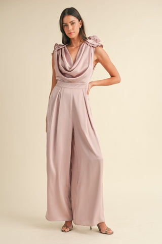 Hot Girl MABLE 3D Floral Applique Deep Cowl Neck Jumpsuit In Dusty Pink