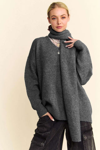 Hot Girl X Davi & Dani V-Neck Dropped Shoulder Sweater With Scarf Set In Charcoal