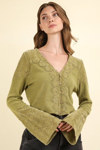 Hot Girl V-Neck Lace Detail Button Down Crop Ribbed Knit Long Sleeve Top In Olive