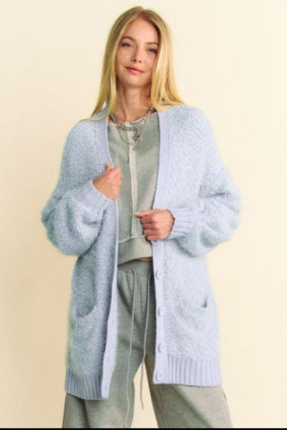 Hot Girl X Davi & Dani Ribbed Hem Button Up Cardigan In Light Blue