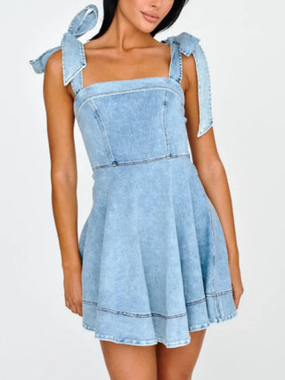 Hot Girl Square Neck Tie Shoulder Denim Mini Dress