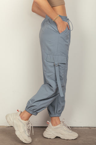 Hot Girl Elastic Waist Woven Cargo Pants In Dusty Blue