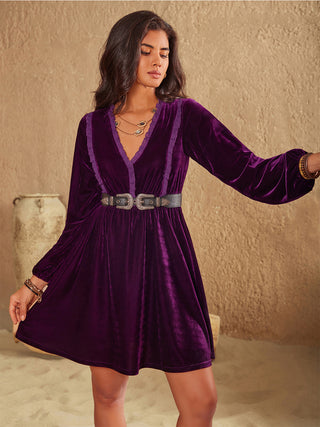 Hot Girl Boho Ruffled Velveteen Long Sleeve Mini Dress In Plum - Hot Girl Apparel