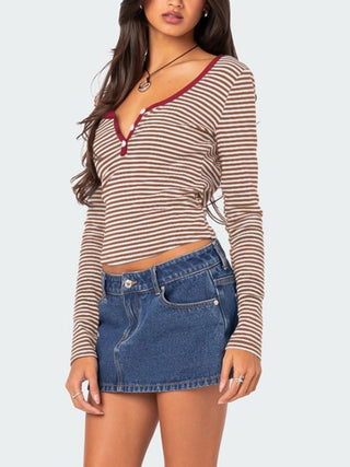 Hot Girl Striped Henley Long Sleeve T-Shirt