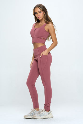 Hot Girl Zip Up Cutout Cropped Sports Tank Top And Leggings Set