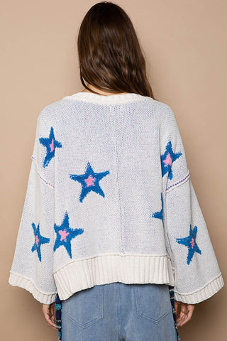 Hot Girl Contrast Stitch Star Patch Sweater In White