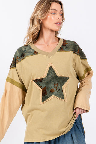 Hot Girl SAGE + FIG All Star Patch Color Block Long Sleeve T-Shirt In Olive