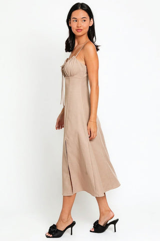 Hot Girl Tasha Flare Front Tie Slit Midi Dress In Beige - Hot Girl Apparel