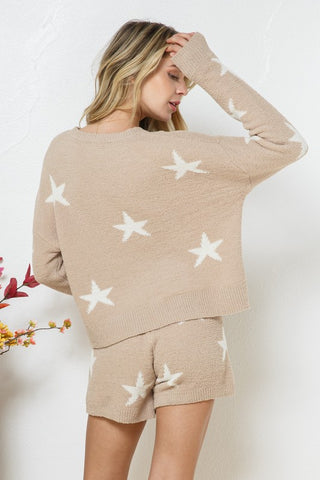 Hot Girl Snuggy Soft Long Sleeve Star Print Top And Short Lounge Set