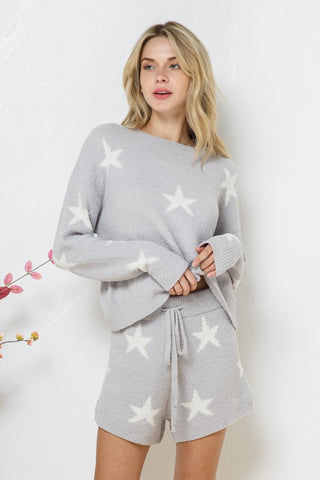 Hot Girl Snuggy Soft Long Sleeve Star Print Top And Short Lounge Set