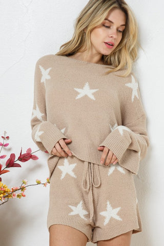 Hot Girl Snuggy Soft Long Sleeve Star Print Top And Short Lounge Set