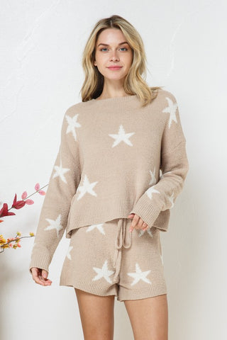 Hot Girl Snuggy Soft Long Sleeve Star Print Top And Short Lounge Set